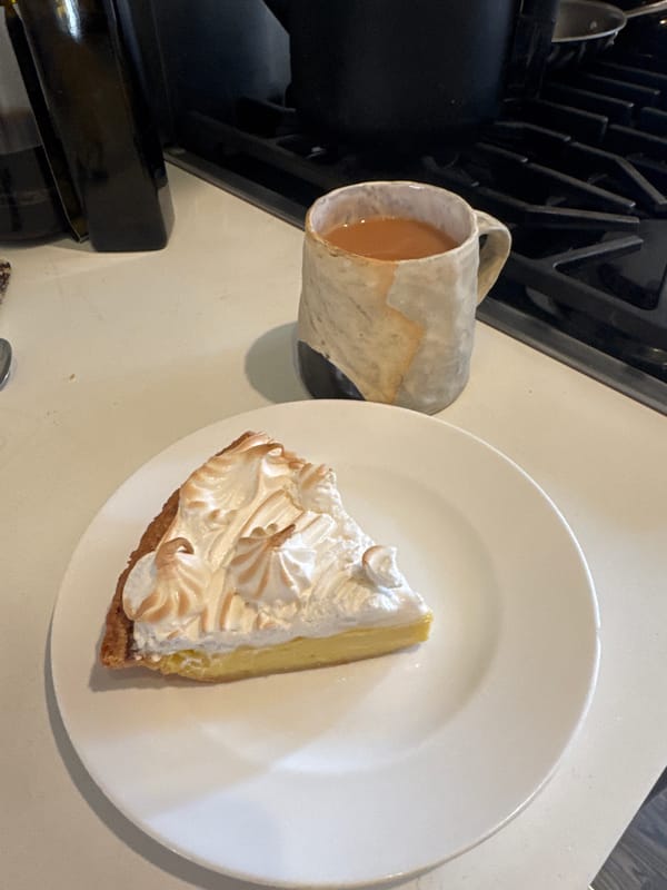 Lemon meringue pie served on kitchen counter in New York
