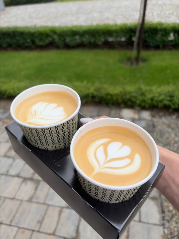 Person carries two coffee cups in takeaway carrier