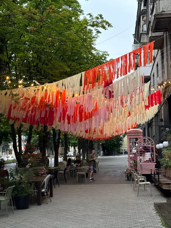 Afternoon street life along a Dnipro pedestrian strip