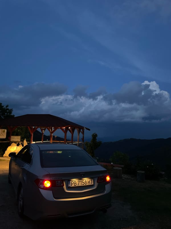 Evening life captured at Bulgarian mountain gazebo overlook