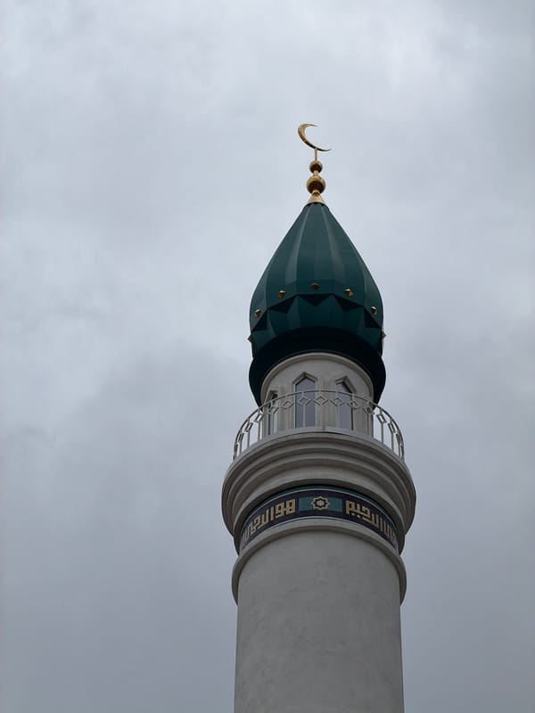 Minaret photographed against overcast sky in Kazan, Russia