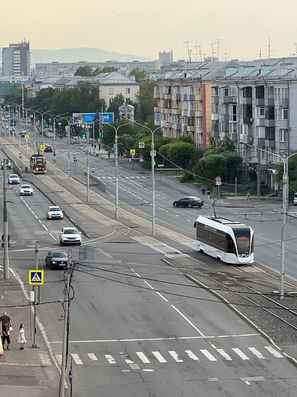 Street-level and aerial views of central Krasnoyarsk architecture