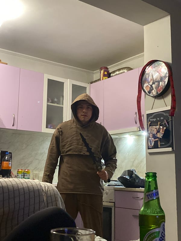 Hooded figure spotted in Bulgarian kitchen, VW bus art observed