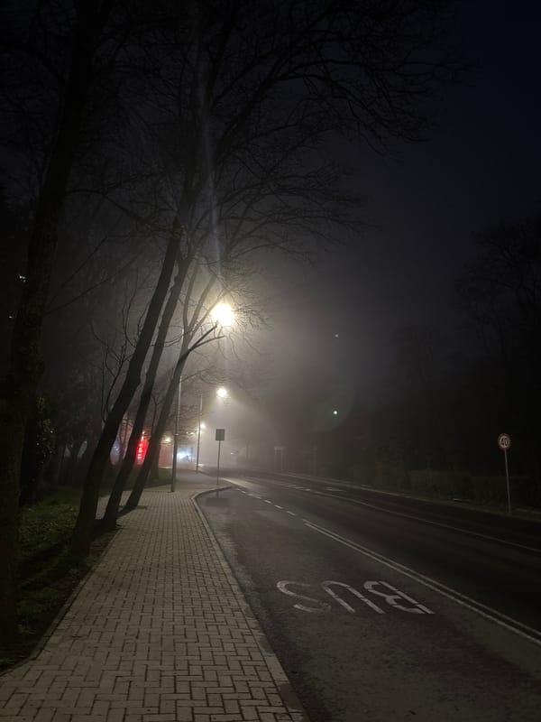 Foggy evening street scene captured in Burgas, Bulgaria