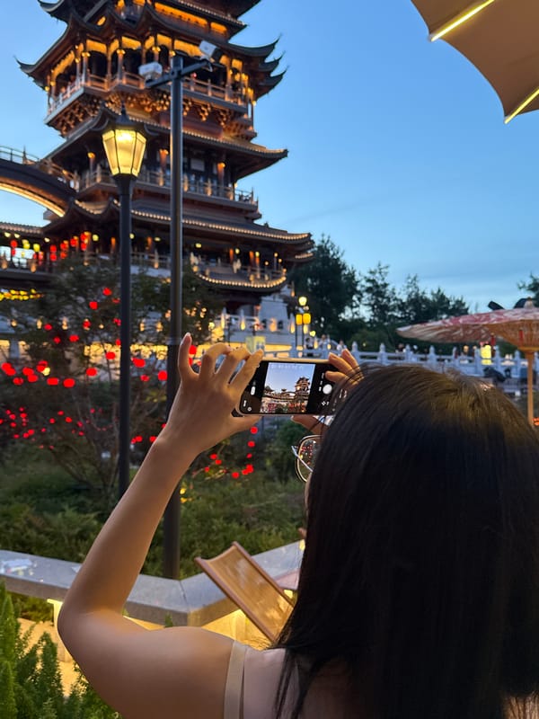 Lanterns and traditional architecture light up a Yiwu festival evening