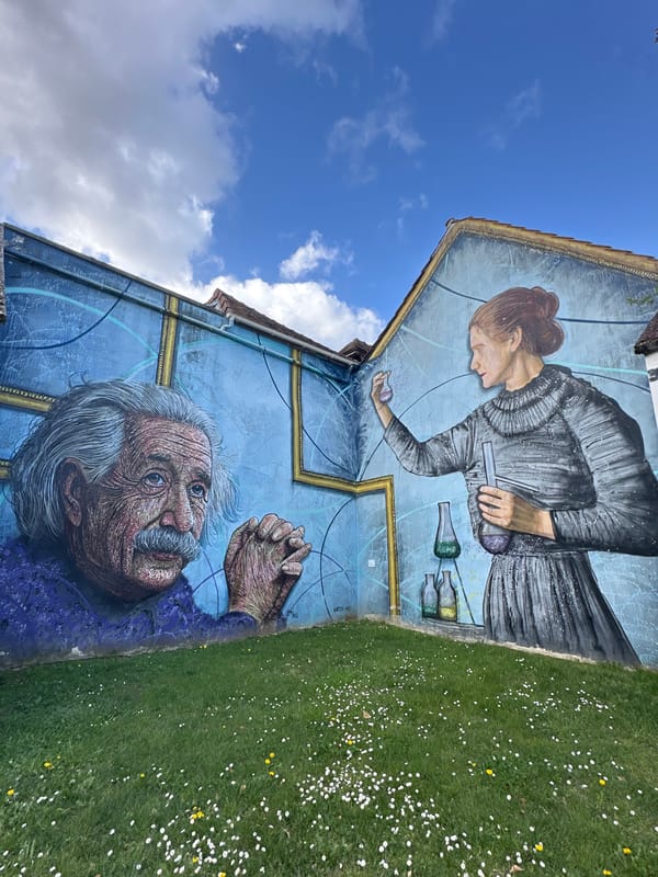 Scientific figures mural featuring Einstein spotted in Palaiseau