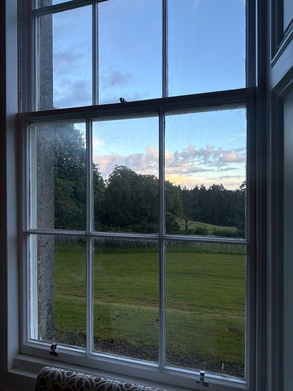 Twilight landscape viewed through dirty window at unknown location