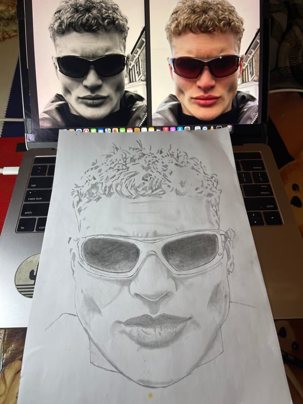 Artist creates portrait sketches using laptop reference images in Jos