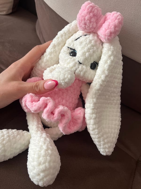 Handmade bunny toy and blanket crafts documented in Bulgaria