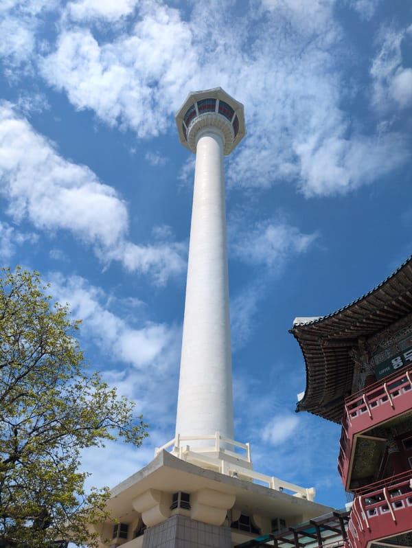 Tourist documents Busan landmarks during early morning city tour