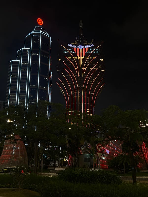 Macau casino district captured in nighttime illumination by witness