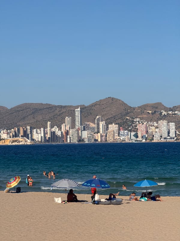 Busy afternoon on Benidorm's beach and promenade