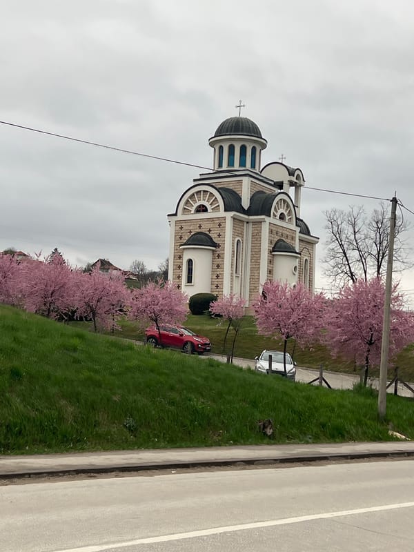 Spring blossoms frame historic church in Cacak, Serbia