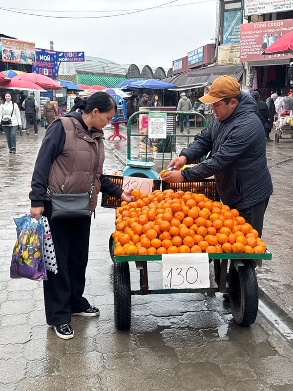 Morning market activity documented in rainy Bishkek