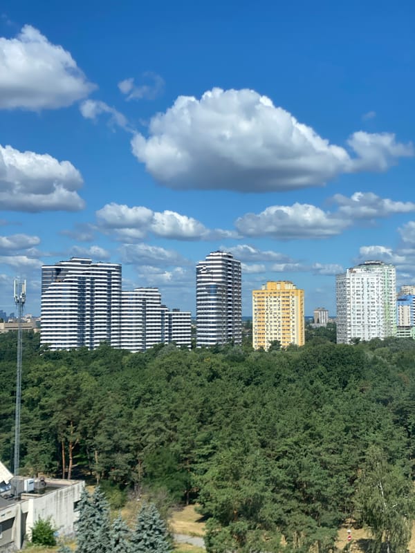 City skyline rises behind a dense urban forest buffer