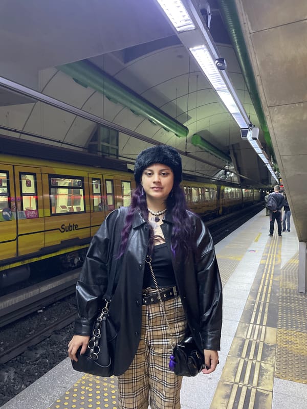 Evening commuters, purple-haired woman documented at Buenos Aires subway
