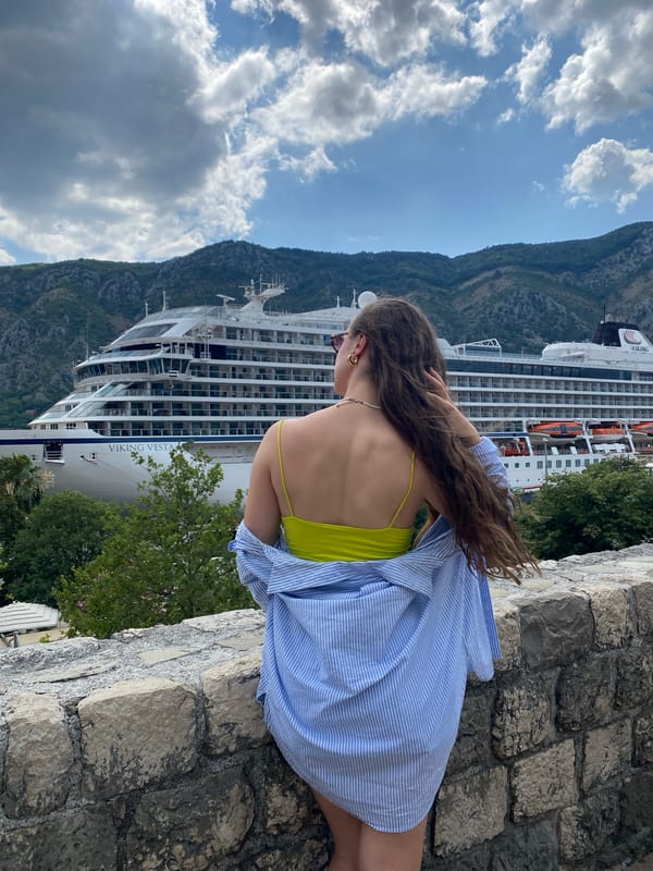 Kotor Bay waterfront: cruise ship, canal ducks, marina boats