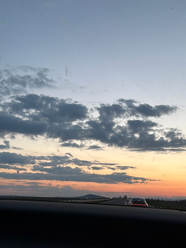Highway travel captured near Veselinovo during evening sky transition