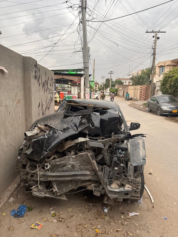 Severe car crash documented in Nasheman Colony, Pakistan