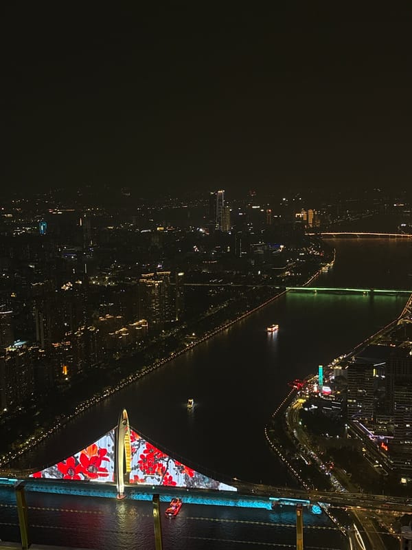 Nighttime views of Canton Tower and Haizhu District captured