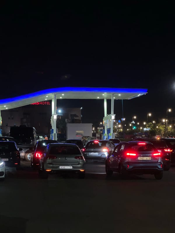 Busy night at Marrakesh gas station near Ibis Hotel