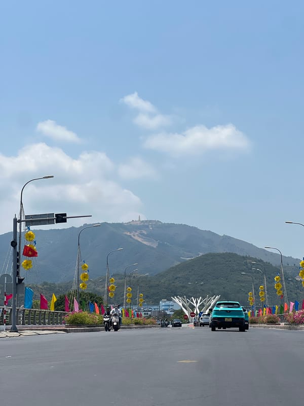Decorated street with flags and flowers in Nha Trang
