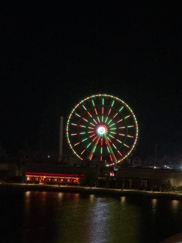 Coffee in hand, Ferris wheel glowing across the water at night