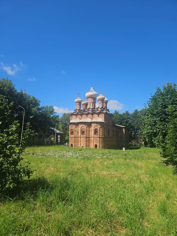 Red brick church and historic architecture in Veliky Novgorod