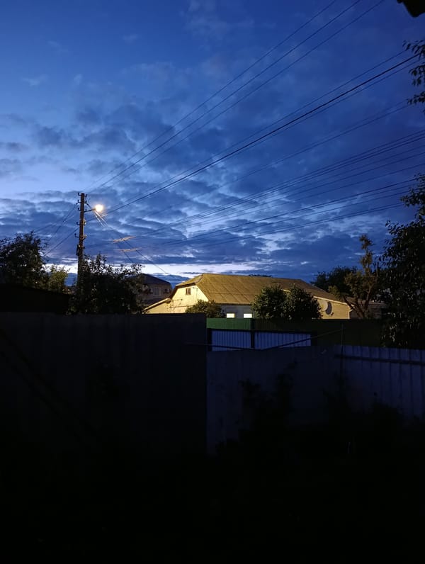 Twilight scenes captured across residential Brovary, Ukraine during evening hour