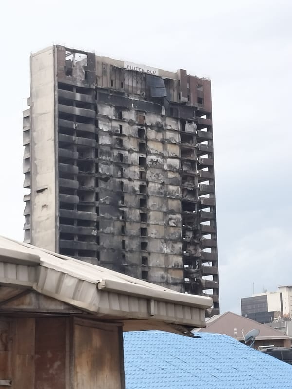 Fire-damaged building documented in Lagos Nigeria morning hours