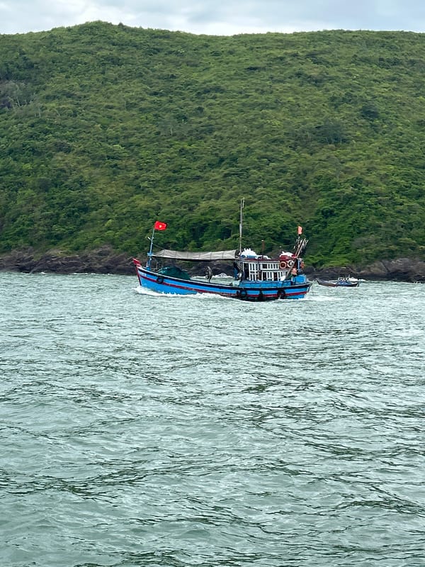 Fishing boats and tourist vessels share choppy Nha Trang coastal waters