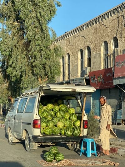 Daily street commerce continues in Kandahar with watermelon vendors