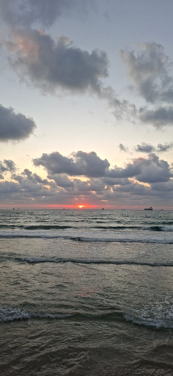 Sunset at the waterfront: waves, fishing rods, and fading light