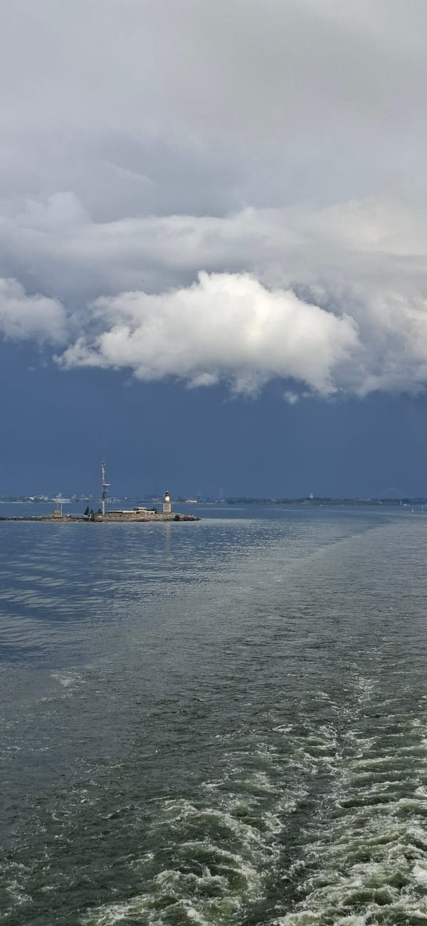 Ferry deck views of a Helsinki island lighthouse