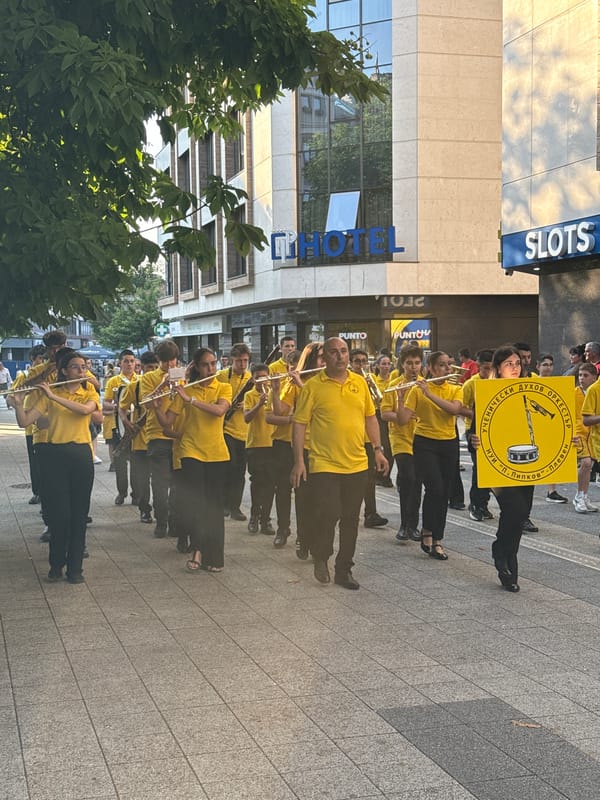 Youth parade with marching bands, cheerleaders performs in Pleven, Bulgaria