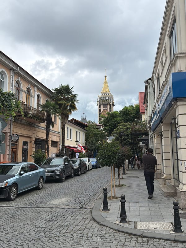 Cobblestone street in Batumi on a grey summer morning