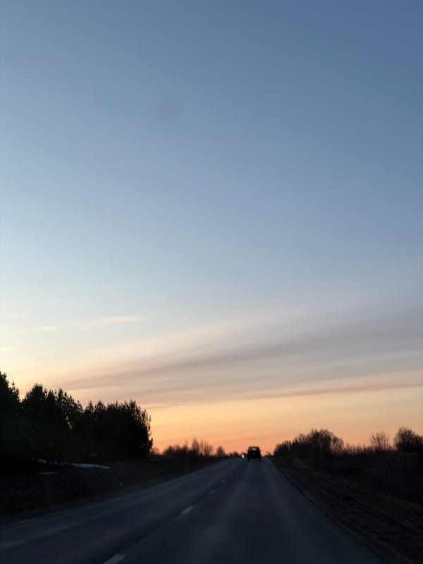 Sunset observed along tree-lined road in Foteni, Russia