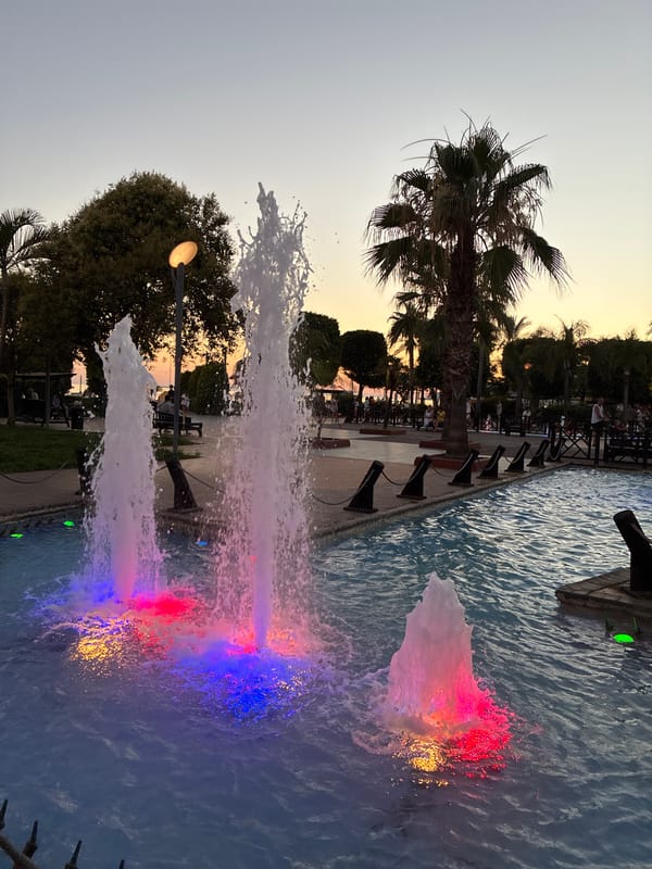 Alanya beachfront at golden hour: cats, fountains, and calm seas