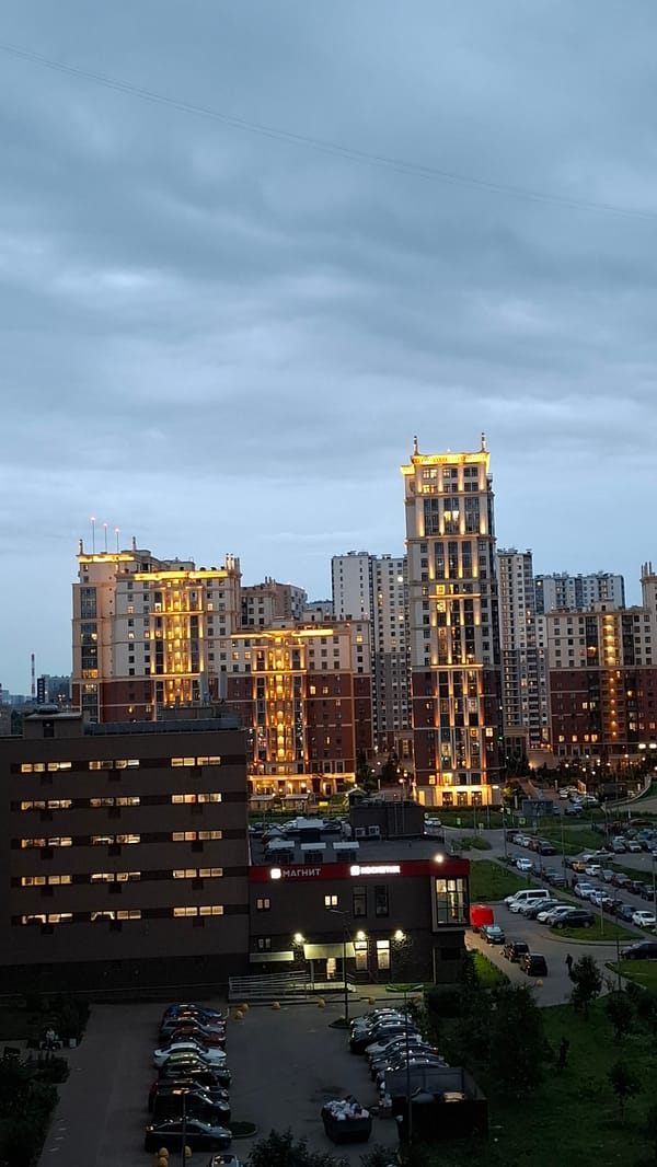 Saint Petersburg residential skyline glowing at dusk