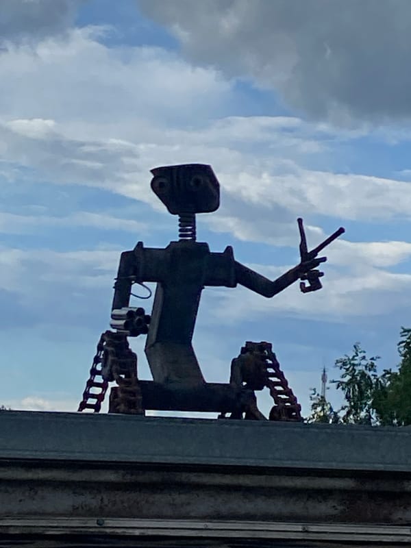 Garden walk with flowers and robot sculpture documented in Фоки