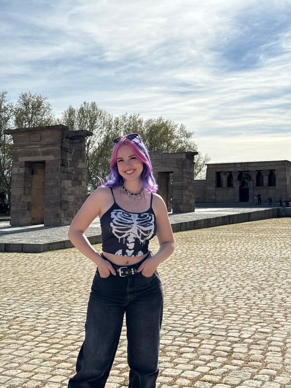 Woman with colorful hair visits Temple of Debod Madrid