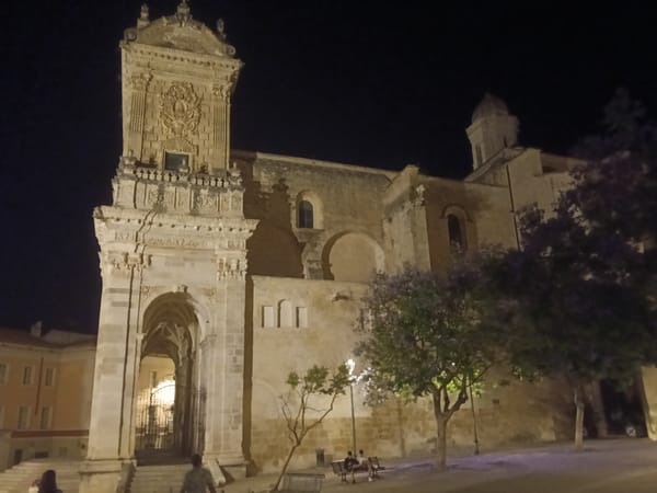 Sassari's cathedral lit up on a June night