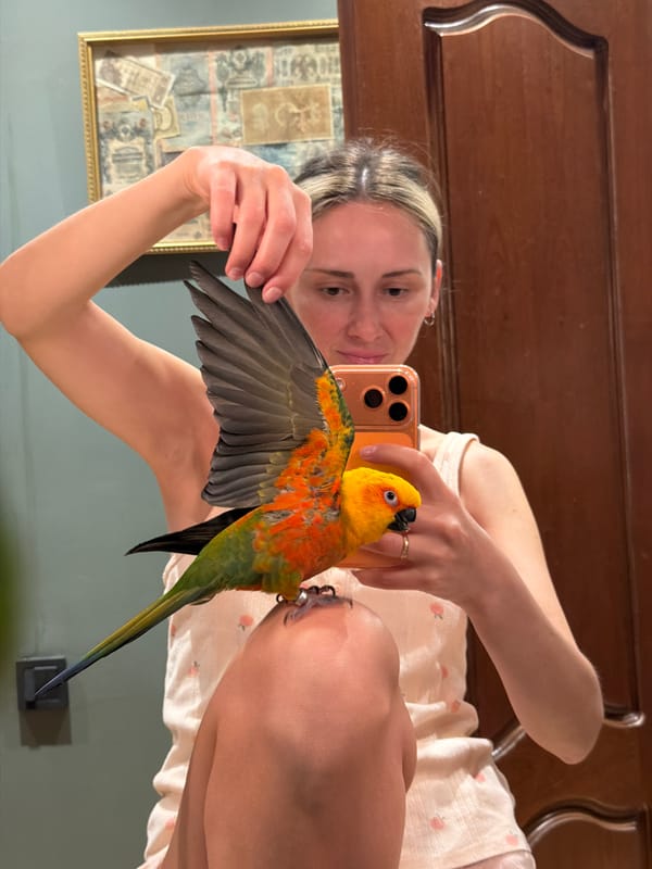 Woman takes selfies with colorful parrot in Khimki