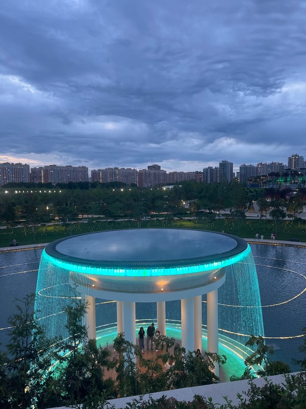 Evening illuminations captured at Krasnodar park during twilight hour