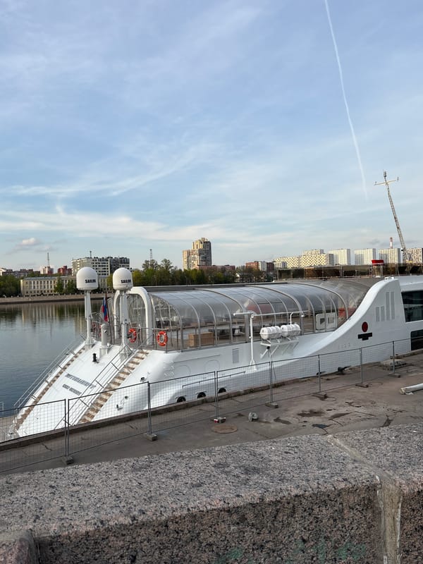 River cruise ship docks at Saint Petersburg embankment