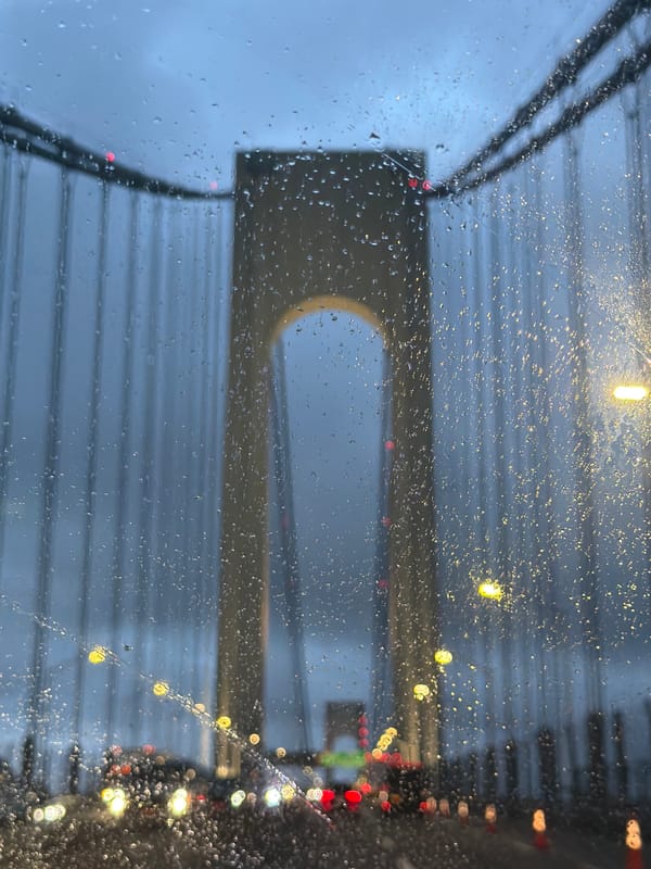 Bridge tower through a rainy windshield, New York