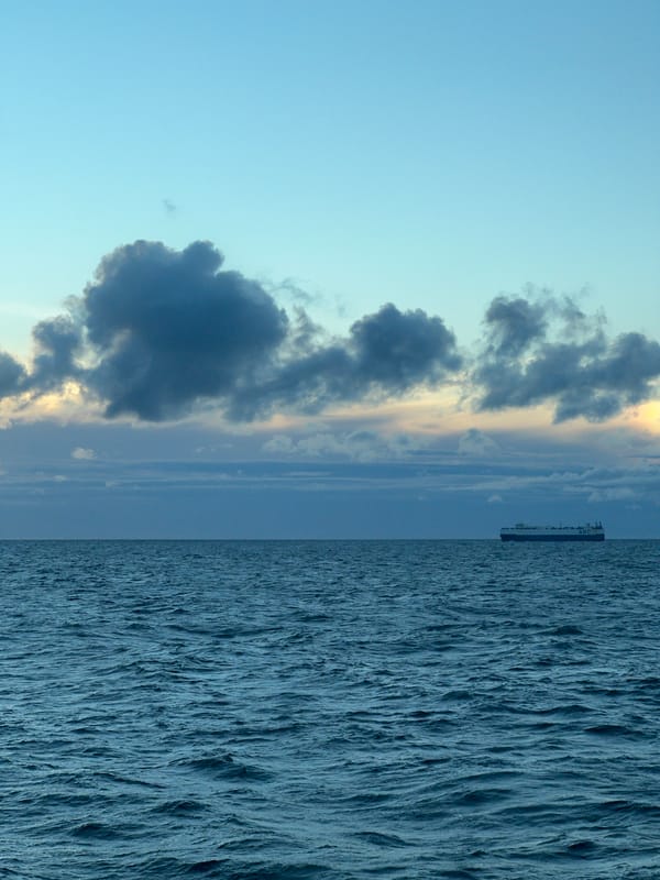 ARC cargo ship crosses Baltic Sea under dramatic twilight skies
