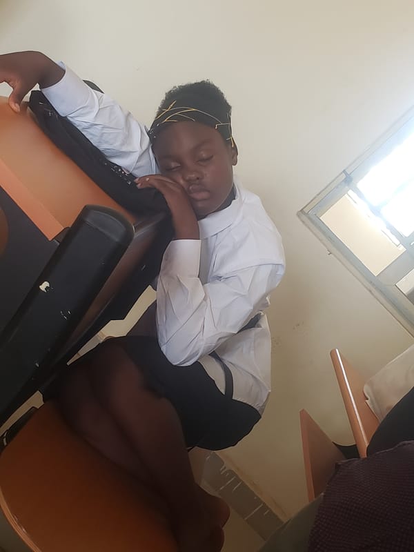 Students rest and use phones during classroom break in Gumel