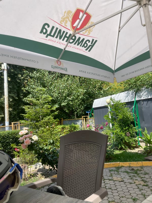 Mountain bike gear break at a Haskovo outdoor café