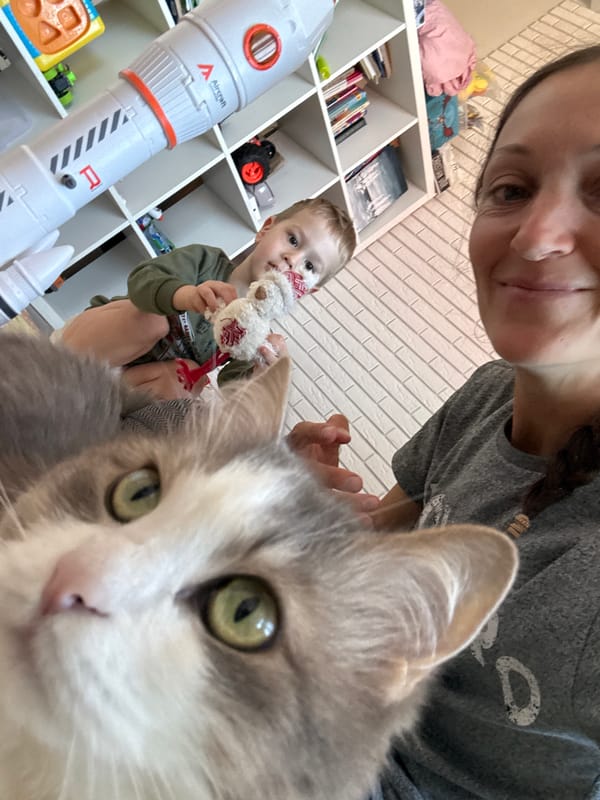 Mother and child play at home with cat in Ulyanovsk